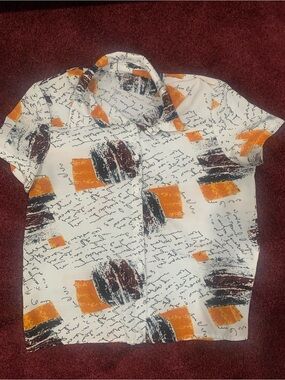 SHEIN White Short-Sleeve Button-Down Shirt with Orange & Black Print